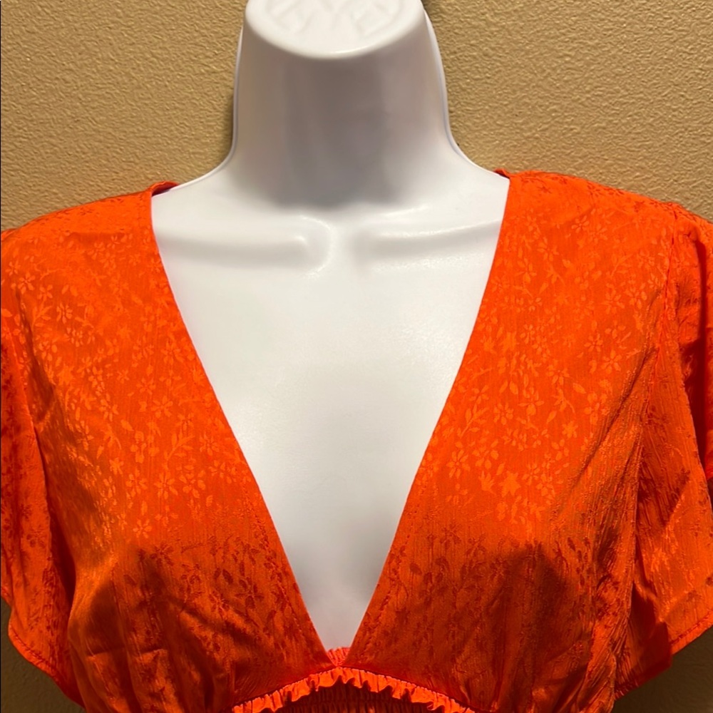 Leith Orange Red Smocked Midi Dress V-Neck Flutter Sleeve Side Slit Size XS - Picture 4 of 12